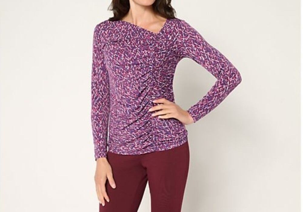 Susan Graver Size 1X Plum Liquid Knit Asymmetric Ruched Top A706720 NWOT